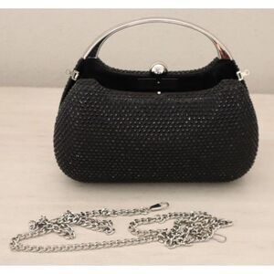 Nina Black Crystal Minaudiere w/Metal Handle & Detachable Drop-In Chain Strap